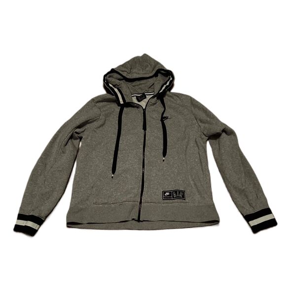 Nike Other - Nike Grey Zip-up Drawstring Hood Striped Cuffs Logo Patch Hoodie Size Medium